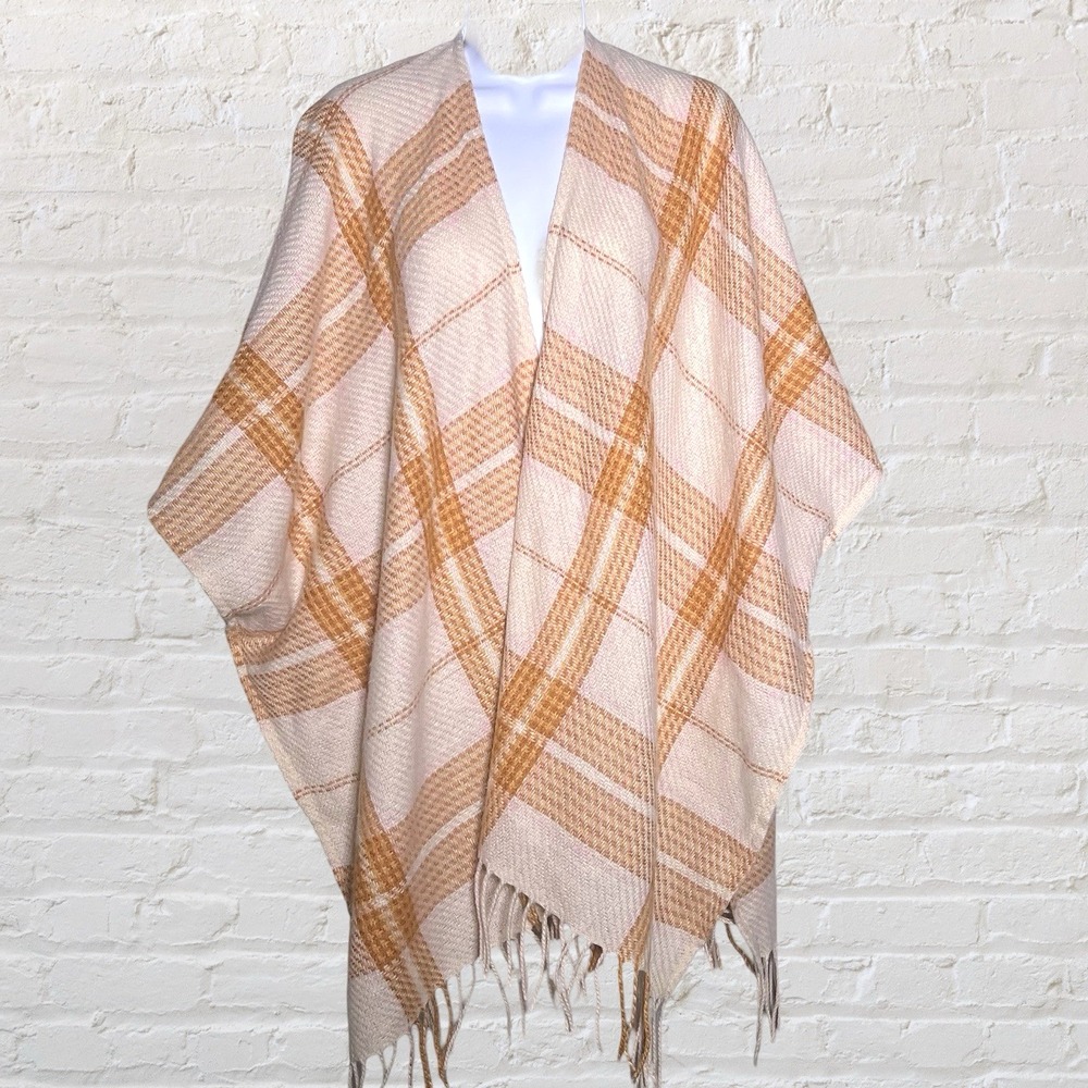 Lauren Conrad Women's Plaid Open Poncho Wrap Orange Cream Fringed Hem Preppy